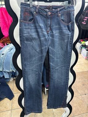 PZI Y2K,Women's Dark Blue Boot Cut Jeans with Pink Stitching